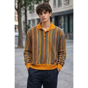 Vintage Gionfriddo Italian 3D Knit Polo Sweater Merino Blend Indie Sleaze L